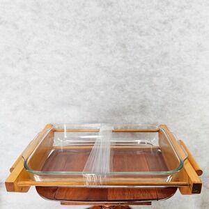 Vintage Pyrex 1.5 Qt Glass Baking Dish Wood Serving Caddy Handmade L Larson 2003